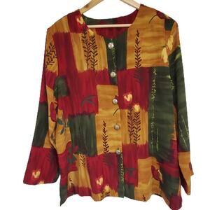 Elisabeth Williams Red Gold Green Fall Autumn Color Block Button Top Jacket Vtg